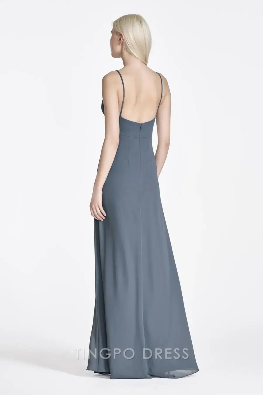 TingPo Wholesale Elegant Spaghetti Strap Maxi Dress - Slate Blue Deep V Asymmetric Hem Gown